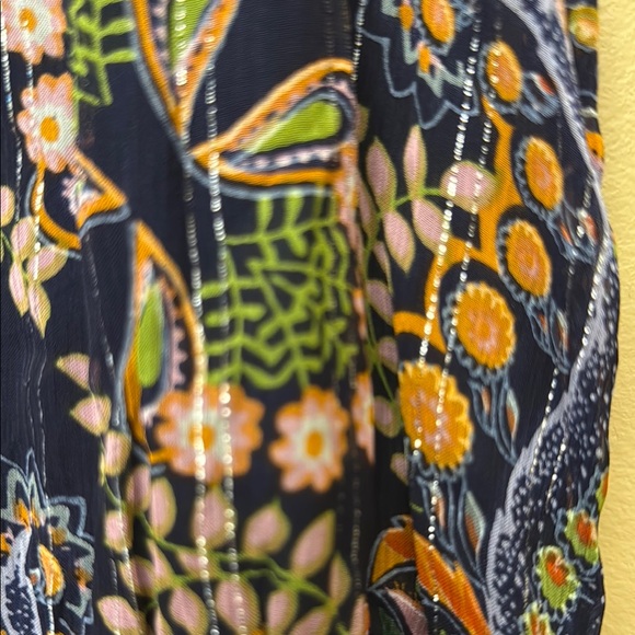 Anthropologie navy with green and pink/orange print. Sleeveless V-Neck Sundress - Picture 5 of 7